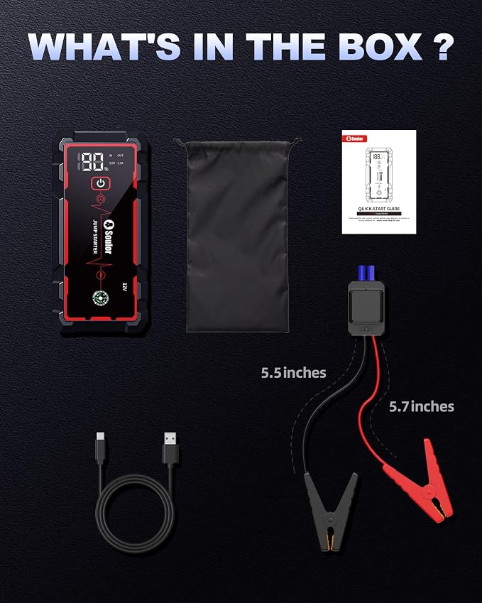 Jump Starter Car Battery Jumper Starter Portable with Jumper Cable, Quick Charge Power Bank, 3 Modes Flashlight, Compass