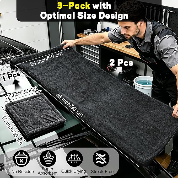 Aodaer 3 Pack Gray Car Drying Towel, 1200GSM Ultra Absorbent Microfiber, 24 x 36 Inch & 12 x 12 Inch Microfiber Towels for Cars, Twisted Loop, Dual Sided & Streak-Free for Auto Detailing Car SUV Truck