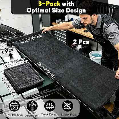 Aodaer 3 Pack Gray Car Drying Towel, 1200GSM Ultra Absorbent Microfiber, 24 x 36 Inch & 12 x 12 Inch Microfiber Towels for Cars, Twisted Loop, Dual Sided & Streak-Free for Auto Detailing Car SUV Truck