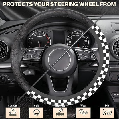 Checkerboard Steering Wheel Cover, Black and White Anti-Slip Universal Car Steering Wheel Cover, Checkerboard Race Soft Breathable Neoprene 15 Inch Car Accessories Case fit for Cars Auto SUVs