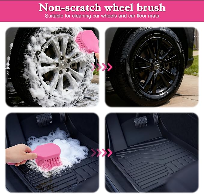 Pink Tire Brush for Women – 8.2" Soft Flagged-Tip Tire Cleaning Brush, Gentle on Wheels & Rims, Cars, Trucks & Motorcycles