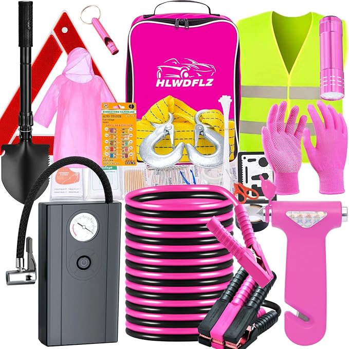Car Roadside Emergency Kit, Vehicle Truck Safety Emergency Road Side Assistance Kits with Jumper Cables, Pink