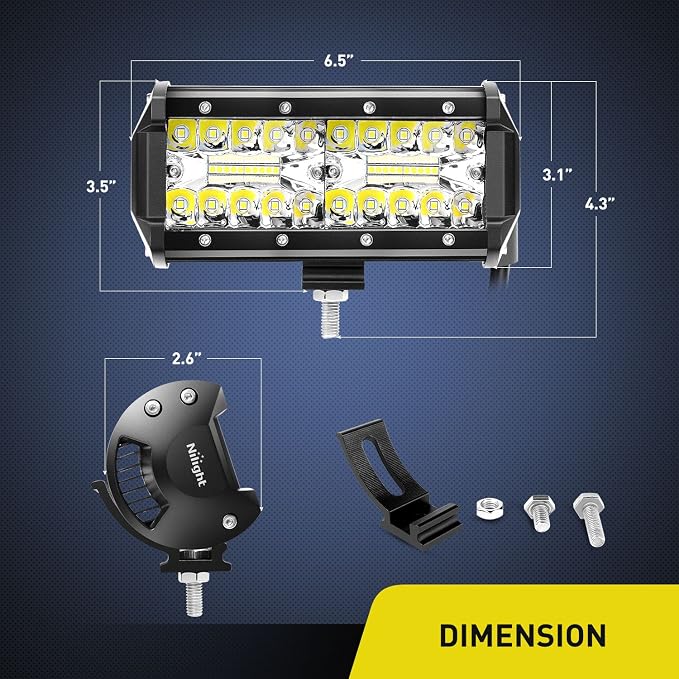 Nilight ZH303 2PCS 6.5 Inch 120W Spot & Flood Combo Driving 16AWG Wiring Harness for Led Work Light Triple Rows Off-Road Truck Car ATV SUV, 2 Years Warranty, White