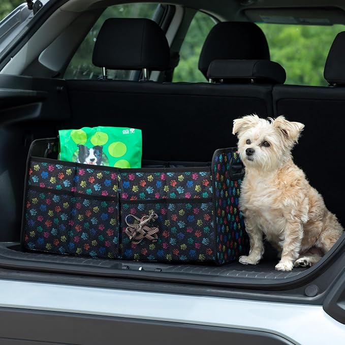 GreaterGood Paws Car Trunk Organizer Foldable Storage Bin with Handles Non Slip Base Pet Gear Travel Tote for SUV Truck (Confetti Paws)