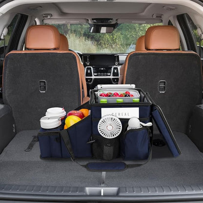 Car Hop Front Seat Organizer with Cup Holder, Movable Divider & Side Pockets, Passenger Seat Storage Caddy for Road Trip, Travel, Work or Kids, Blue