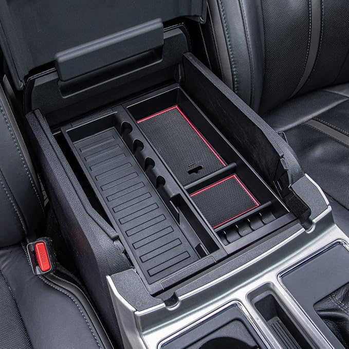 PIMCAR Center Console Organizer Tray for Ford F150 (2015-2020), Super Duty F250/F350/F450 (2017-2022), Expedition (2018-2024),ABS Plastic Single-Piece Design, Fits Factory Tray-Red Trim