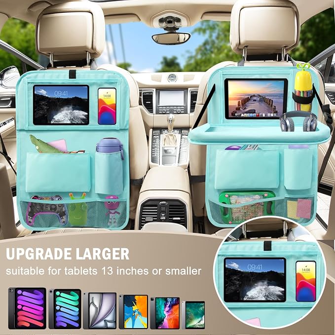 2Pack Car Backseat Organizer with Foldable Table Tray,6 Storage Pockets Car Storage Organizer with Tablet Holder,Car Seat Back Protectors Kick Mats Travel Accessories Blue