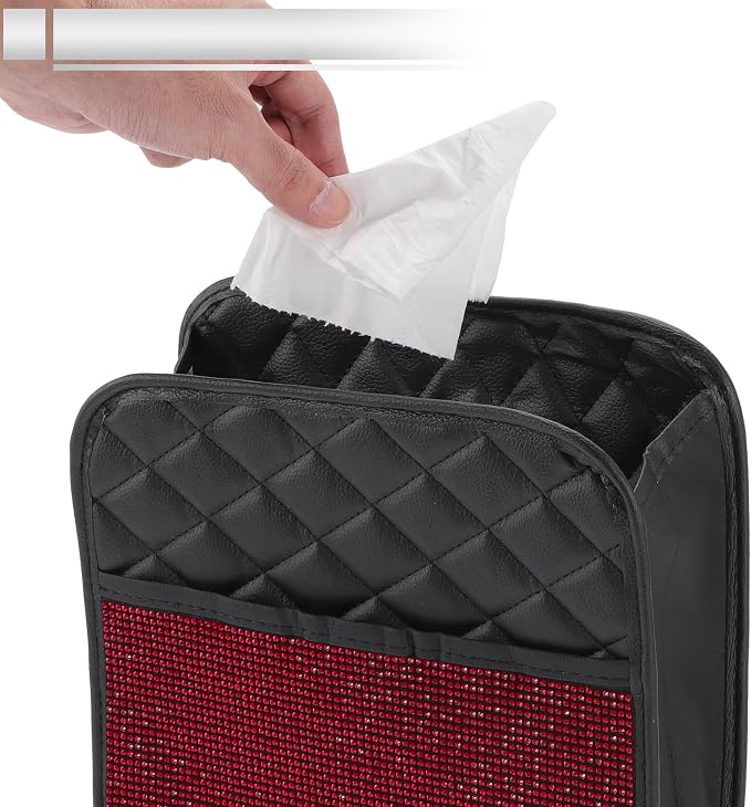 1 Pcs Universal Car Trash Can Hanging 10.2" Length 3.5" Width 10.2" Height Trash Bin Red Black Faux Leather Rhinestone