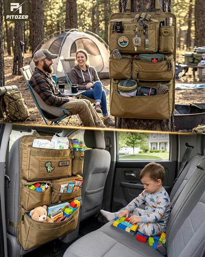 All in One Car Seat Back Organizer, Heavy Duty Molle Panel Seat Back Protector with Multi-Pockets Storage for Tools, Camping, Travel, Fit Most Cars SUV Trucks Jeeps Pickups