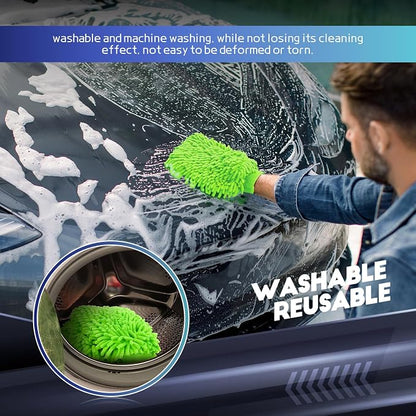 Wuyaoyao 2PCS Car Wash Mitt, 10.14"×7.12" Chenille Microfiber Car Wash Mitts, Scratch-Free & Lint-Free, Absorbent Double Sided Clean Glove for Cars Cleaning, Auto Cleaning Supplies (Fluorescent Green)