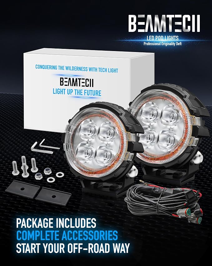 BEAMTECH 3" LED Pods, White Spot Beam Off Road Ditch Lights with Amber DRL | 2PCS 60W 6000LM Pod Light for Truck UTV ATV Motorcycle – Fog/Reverse/Off road lights