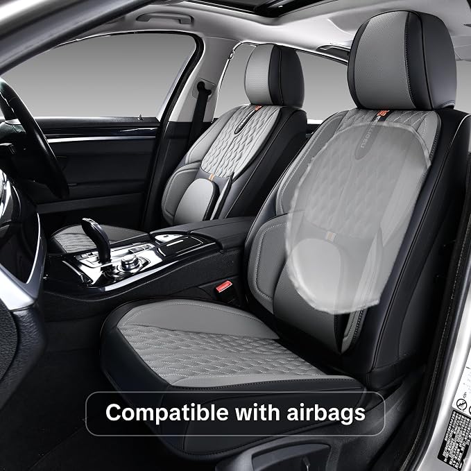Car Seat Cover Full Set, Universal Car Seat Cover for Cars, Black and Gray, with Lumbar Support, Premium Artificial Leather, Waterproof and Easy to Clean, Airbag Compatible