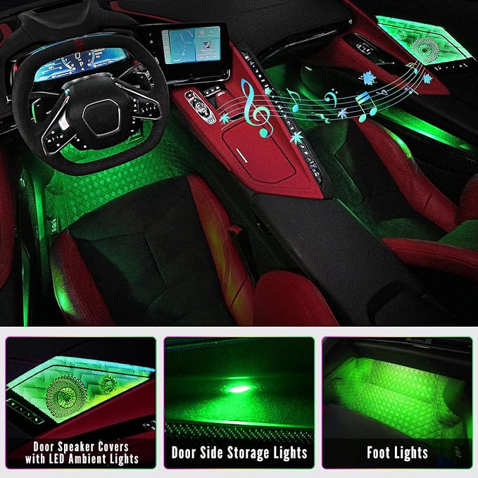 Door Speaker Relays Cover Trim w/Neon Accent Lights fit for C8 Corvette 2019-2024,LED Ambient Foot Lights,Atmosphere Door Storage Box Lamps,Voice APP Button Switching Control,RGB