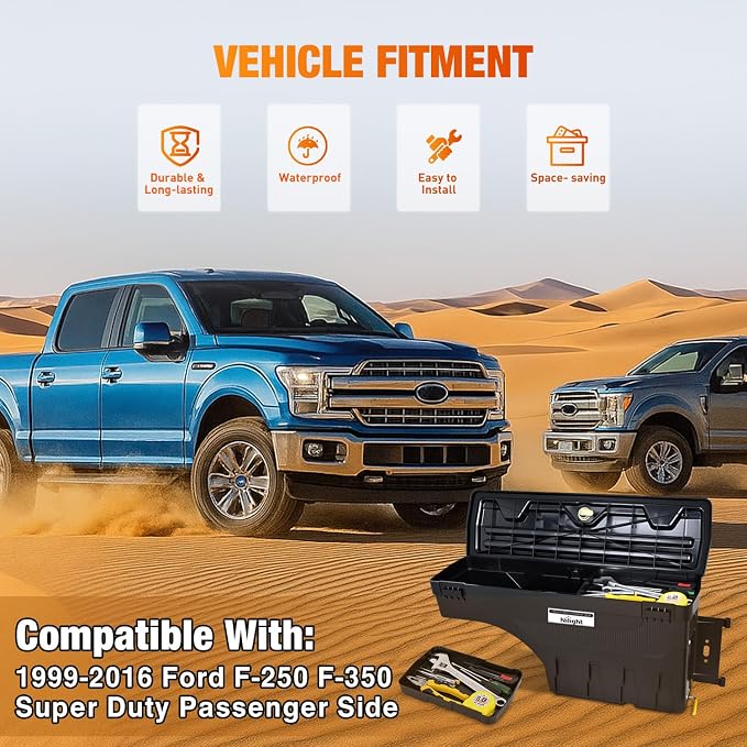 Nilight Truck Bed Tool Box Right Passenger Side Truck Tool Box Fit for Ford F-250/350 Super Duty 1999-2016 ABS Swing Case Truck Bed Storage Box with Lockable Lid Waterproof Wheel Well Toolbox Balck