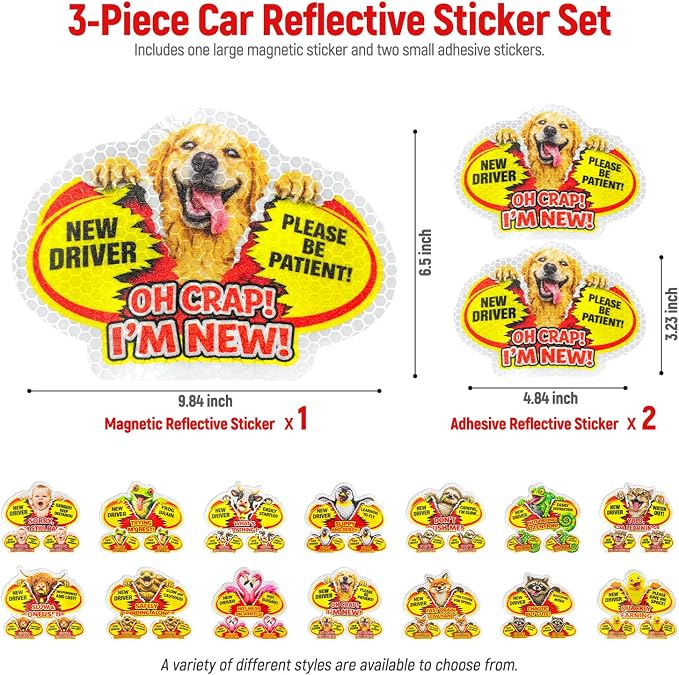 3 Pcs Reflective Student Driver Magnet and Stickers Set - Funny Animal New Driver Safety Signs for Car, Waterproof & Weatherproof High Visibility Vehicle Bumper Decals, Magnet + Stickers (Dog)