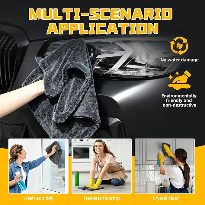 2-Pack Double-Twist Pile Microfiber Towels for Cars 1300 GSM Car Drying Towels (15.75" x 15.75") Ultra Absorbent Microfiber Towel, Streak-Free & Scratch-Free Car Cleaning Supplies with Edgeless Design