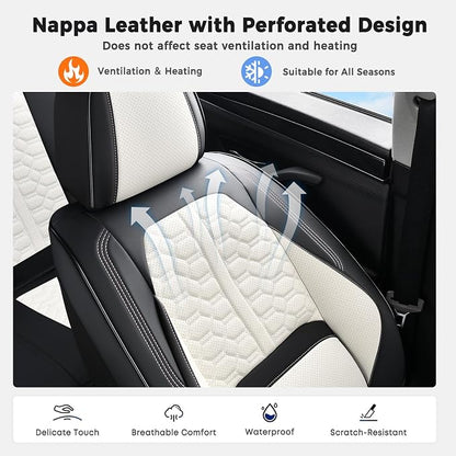 Huidasource Universal Fit Car Seat Covers Front Seat, 360° Full Wrap Luxury Nappa Leather Seat Cover Fit for Most Cars SUV Trucks, Waterproof Seat Covers with Lumbar Support, Black & White