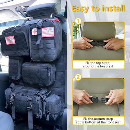 Universal Tactical Car Seat Back Organizer Bag Tactical Molle Vehicle Organizers Panel Vehicle Protector Organizers with 5 Detachable Pouches for Car Truck Ford Jeep (Upgraded D model Black)