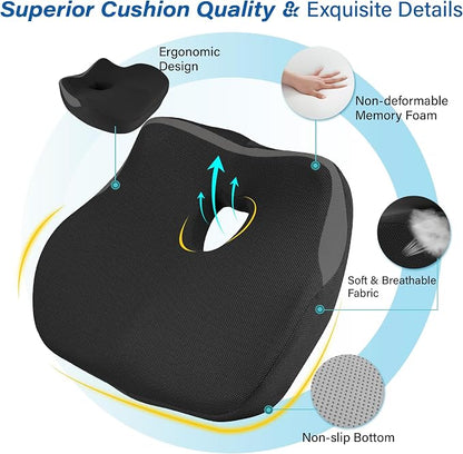 Car Seat Cushion: Ergonomic Memory Foam Car Cushion for Sciatica Pain Relief, Larger Driving Seat Pillow for Short Drivers on Long Drives - Butt Pillow for Truck, Office, Wheelchair - Dark Black