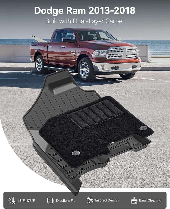 3W Floor Mats & Front Carpet Fit for 2013-2018 Dodge Ram 1500/2500/3500 Crew Cab, 2019-2024 Dodge Ram 1500 Classic Crew Cab All Weather TPE Custom Fit Floor Liner for 1500 Full Set Car Mats