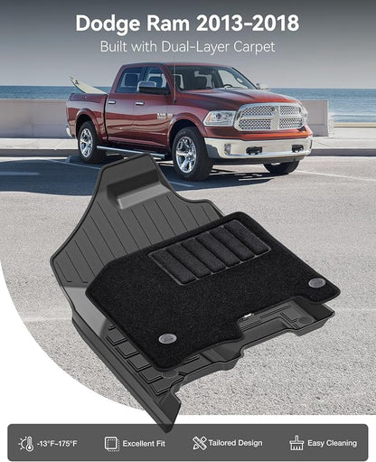 3W Floor Mats & Front Carpet Fit for 2013-2018 Dodge Ram 1500/2500/3500 Crew Cab, 2019-2024 Dodge Ram 1500 Classic Crew Cab All Weather TPE Custom Fit Floor Liner for 1500 Full Set Car Mats