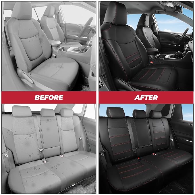 FREESOO RAV4 Seat Covers Full Set Custom Fit for Toyota Rav4(Only Hybrid) 2019 2020 2021 2022 2023 2024 2025 LE/XLE/XLE Premium/Limited, Faux Leather Car Seat Cover, Airbag Compatible, Black Red