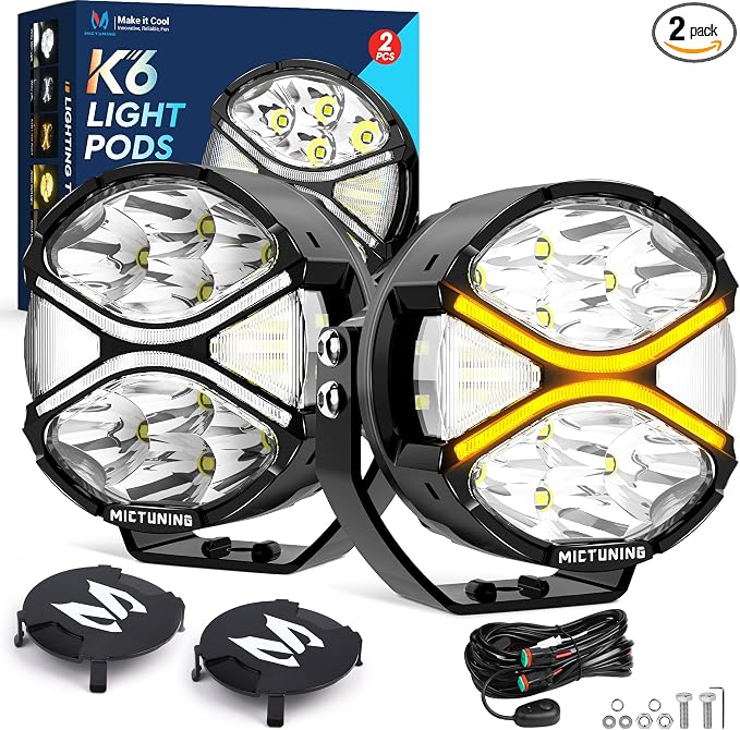 MICTUNING K6 4 Inch 160W LED Light Pods, Offroad Round Driving Light with Amber DRL, 270° Wide Range Super Bright Side Shooter White Hyper Spot Beam Universal Lights with Black Cover, Pair