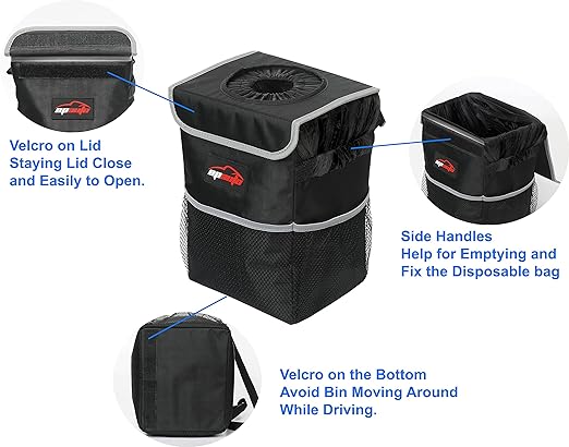 EPAuto Waterproof Car Trash Can with Lid and Storage Pockets, 2.5 Gallon, Black