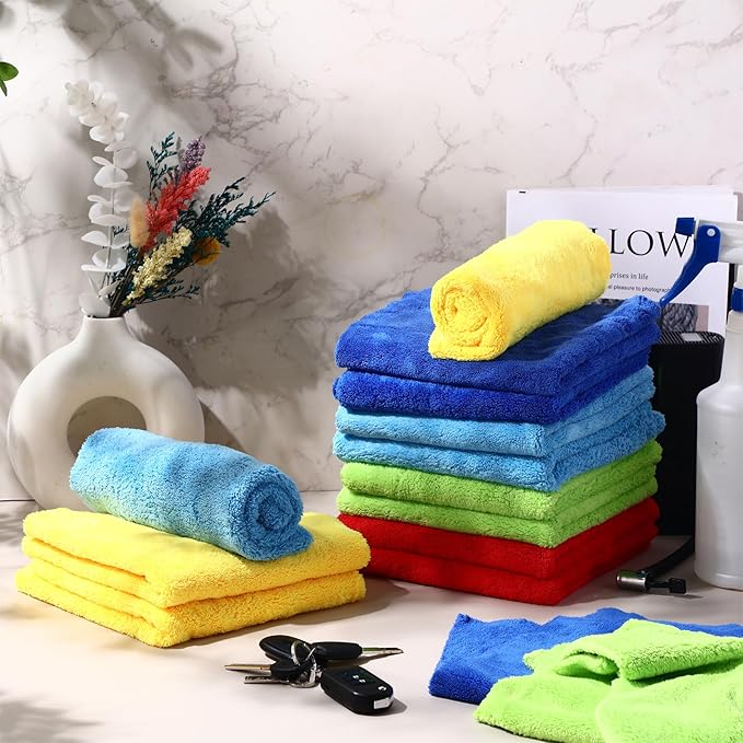 Shimeyao 30 Pcs 16 x 16 Inch Edgeless Microfiber Plush Towels for Cars Detailing Drying Wash Polishing Absorbent Cleaning Cloths, 500 GSM (Multicolor)
