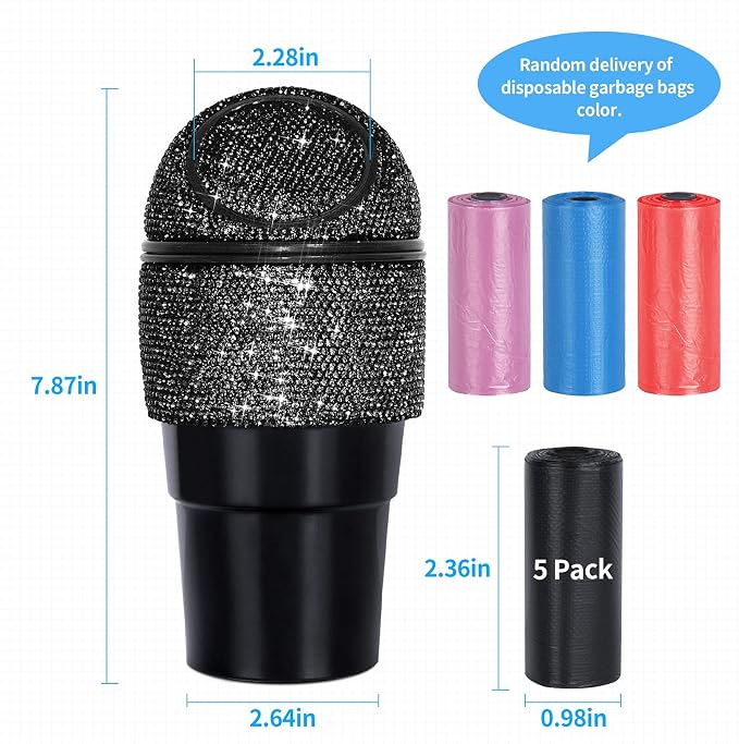 eing Car Trash Can Bling Crystal Auto Mini Trash Bin for Car Office Home Women,Car Cup Holder Garbage Can with Lid and 5 Pack Disposable Garbage Gag, Black