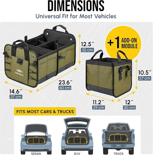 Heavy Duty 3-Section Trunk Organizer – Extra Large Collapsible & Foldable Cargo Box, Modular Car Storage System for SUV, Truck, Van – Green