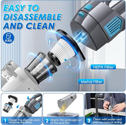 Gxzsk Handheld Vacuum Cordless, 15000PA Strong Suction Hand Held Car Vacuum Cleaner Rechargeable, Portable Hand Vacuum with Multi-Nozzles & Washable Filter for Home Office, Car, Pets