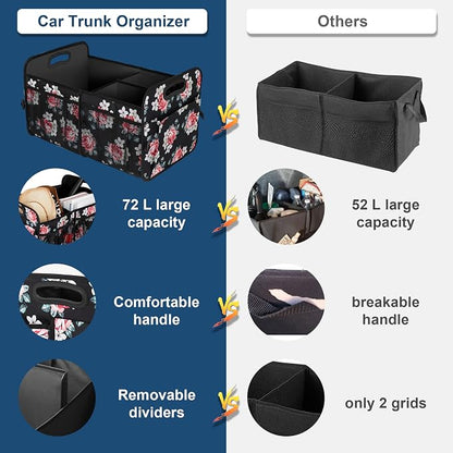 Femuar Car Trunk Organizer,Car Storage Organizer with 72L Large Capacity Waterproof Collapsible and 11 Pockets,Trunk Organizer for Car Suv/Jeep/Sedan, Large Size, Flower