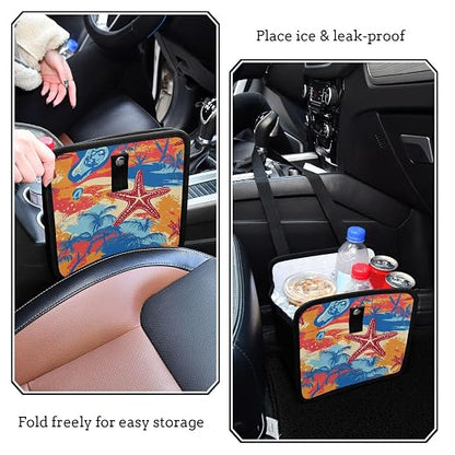 Car Trash Can Organizer Bin with Adjustable Strap for Back Front Seat Console Waterproof Leakproof Collapsible Portable 11 Inch Bright Summer Beach Starfish and Palm Tree