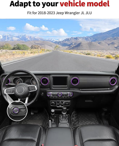 JWWY JL AC Air Vent Trim Rings & Dashboard Headlight Switch Decor Switch Knob Cover Kit Fit for 2018-2023 Jeep Wrangler JL JLU Interior Accessories, Aluminum Alloy 8PCS Purple