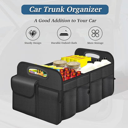 Trunk Organizer, Collapsible Waterproof car Trunk Organizer for SUVs & Sedans, Car Storage Organizers with Reinforced Handles, Car Accessories for Women and Men, 2 Compartments, 52L, Black