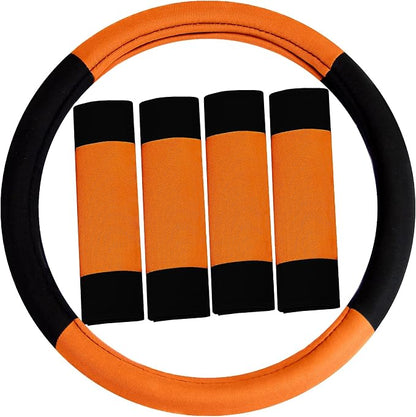 FH Group Car Seat Covers Combo Full Set with Carpet Floor mats Steering Wheel Cover and Seat Belt Pads- Universal Fit for Cars Trucks and SUVs (Orange)
