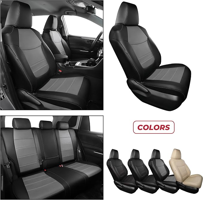 FREESOO RAV4 Seat Covers Full Set Custom Fit for Toyota Rav4(Only Hybrid) 2019 2020 2021 2022 2023 2024 2025 LE/XLE/XLE Premium/Limited, Faux Leather Car Seat Cover, Airbag Compatible, Black Gray
