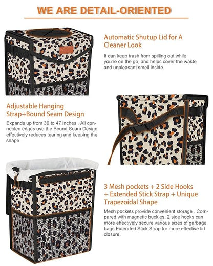 Pritent Car Trash Can with Lid, Cute Leakproof Car Trash Garbage Bag Hanging Vehicle Trash Bin Small Portable Automotive Garbage Cans Organizer for Back/Front Seat/Console(2.8 gal,Leopard