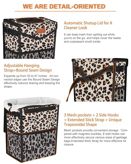 Pritent Car Trash Can with Lid, Cute Leakproof Car Trash Garbage Bag Hanging Vehicle Trash Bin Small Portable Automotive Garbage Cans Organizer for Back/Front Seat(Trapezoid,Leopard