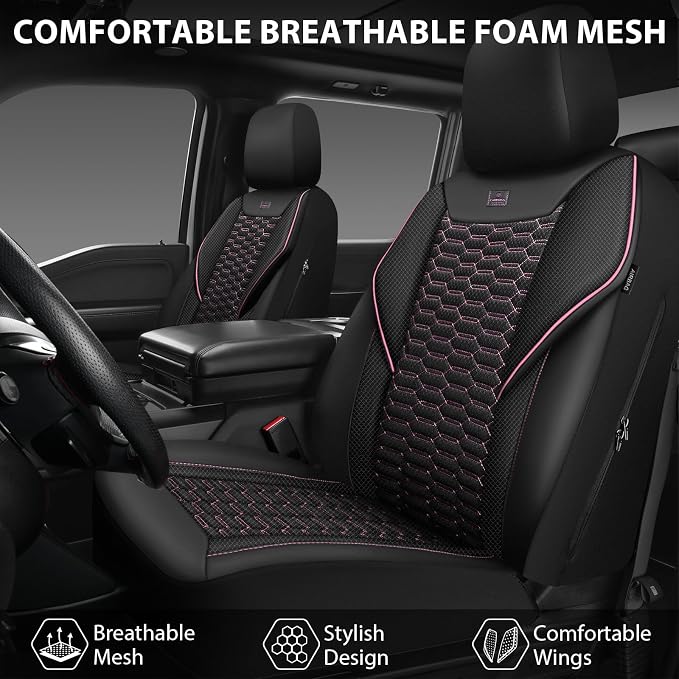 CAR PASS 3D Foam Mesh Leather Car Seat Covers Front Seats,Breathable Mesh Front Seat Covers for Women,Universal Fit for Cars SUV Truck Sedan Van Automotive, Armrest Airbag Compatible,Black and Pink