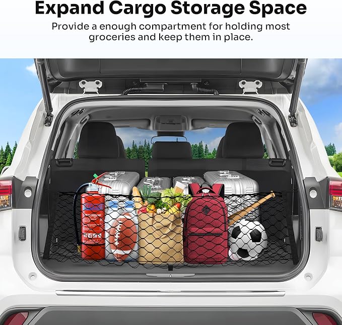 Canvcle Trunk Cargo Net for 2020-2026 Toyota Highlander Accessories Envelope Style Mesh Trunk Net Organizer and Storage Stretchable Adjustable Elastic Nylon Rear Cargo Netting with Hooks