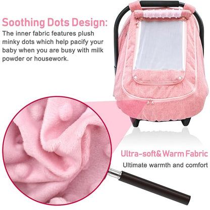 Waterproof Baby Car Seat Cover，YVMVDV Patented Pink Cold Weather Carseat Cover for Babies,Infant Car Seat Cover Canopy for Girls, Windproof Car Seat Canopy for Girls, Keeps Babies Warm and Cozy
