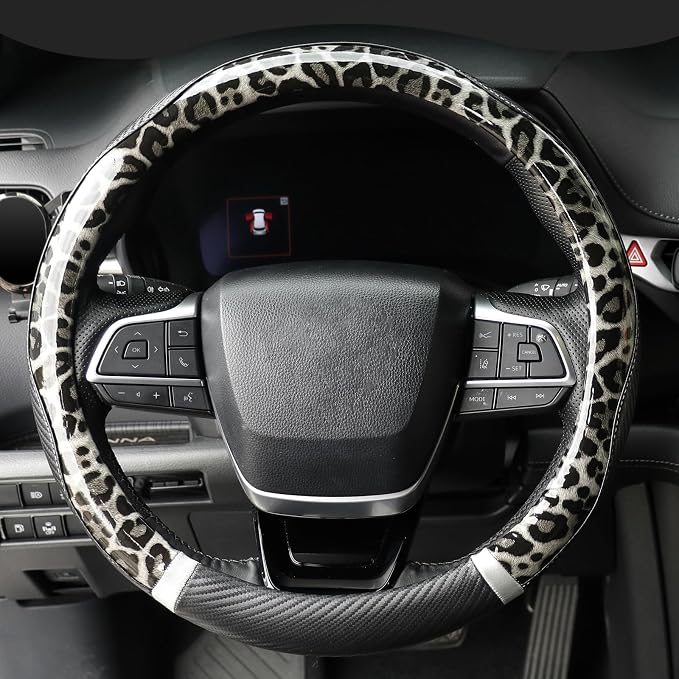 KAFEEK Black Leopard Steering Wheel Cover, 15 inch Carbon Fiber Texture, Grey White Cheetah Pattern, Non-Slip Microfiber Leather, Universal Fit for SUV Sedan