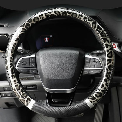 KAFEEK Black Leopard Steering Wheel Cover, 15 inch Carbon Fiber Texture, Grey White Cheetah Pattern, Non-Slip Microfiber Leather, Universal Fit for SUV Sedan