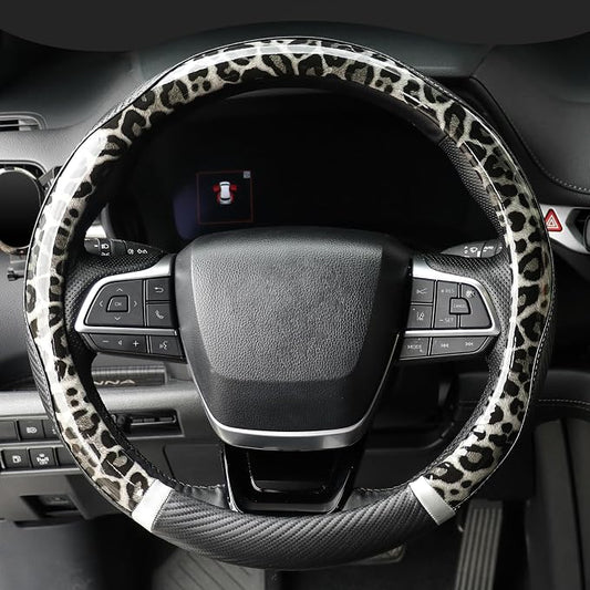 KAFEEK Black Leopard Steering Wheel Cover, 15 inch Carbon Fiber Texture, Grey White Cheetah Pattern, Non-Slip Microfiber Leather, Universal Fit for SUV Sedan
