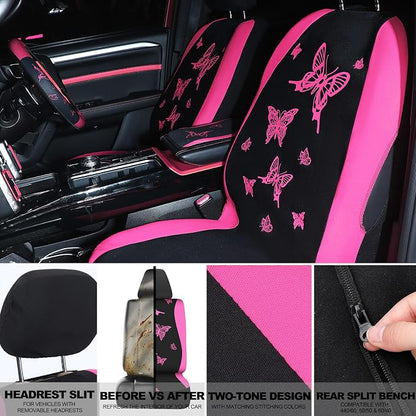 BBTO 43 Pcs Butterfly Car Seat Full Set Butterfly Car Accessories for Women 5 Front Rear Seat Covers Wrist Strap 2 Pcs Cup Mat Armrest Pad 2 Belt Xmas Cover Accessories for SUV(Pink, Black)