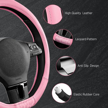 Road Comforts Steering Wheel Cover - Flat Bottom Wheel Cover Made with PVC Leather and Leopard Fabric - Universal Fit for 15-Inch D-Shaped Automotive Steering Wheels (All Pink)