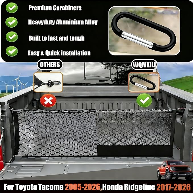Envelope Style Truck Cargo Net Compatible with Toyota Tacoma & 2005-2026,Honda Ridgeline 2017-2026 Highly Elastic Truck Bed Net for Tacoma &Ridgeline Accessories, Upgraded Storage Bag & 5mm Bungee