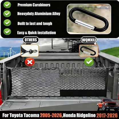 Envelope Style Truck Cargo Net Compatible with Toyota Tacoma & 2005-2026,Honda Ridgeline 2017-2026 Highly Elastic Truck Bed Net for Tacoma &Ridgeline Accessories, Upgraded Storage Bag & 5mm Bungee
